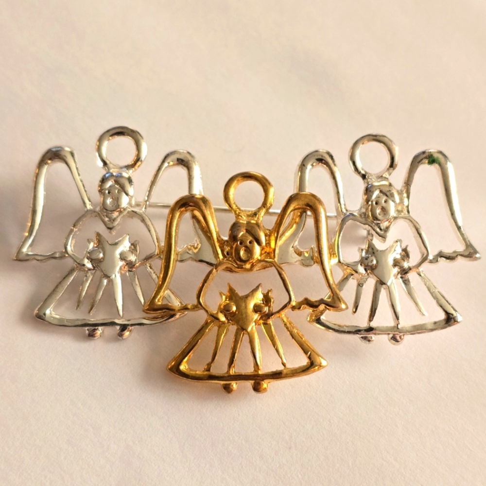 Vintage angel brooch 3 three angels gold silver tone religious halo christian